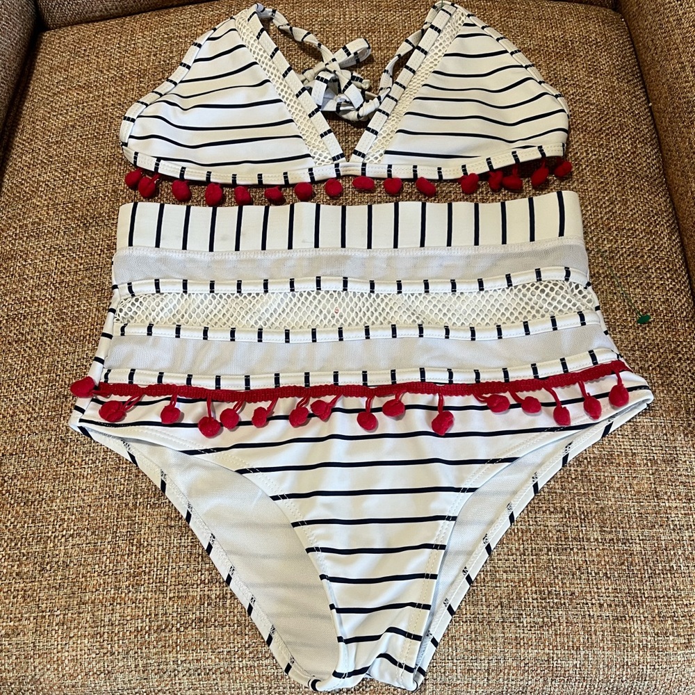 Blue/White Stripe Bikini with red Pompoms
